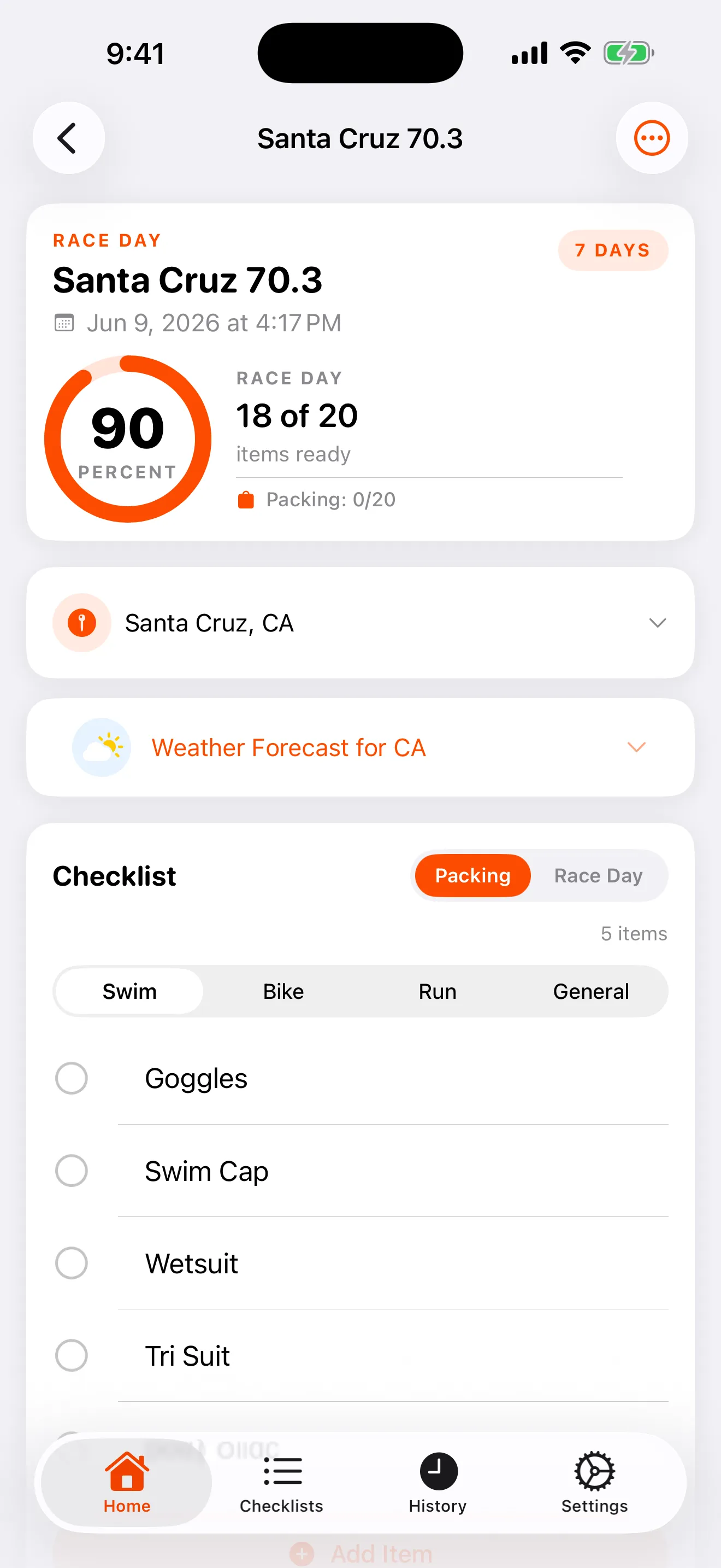 Packing checklist with swim, bike, run, and general categories, items not yet checked.
