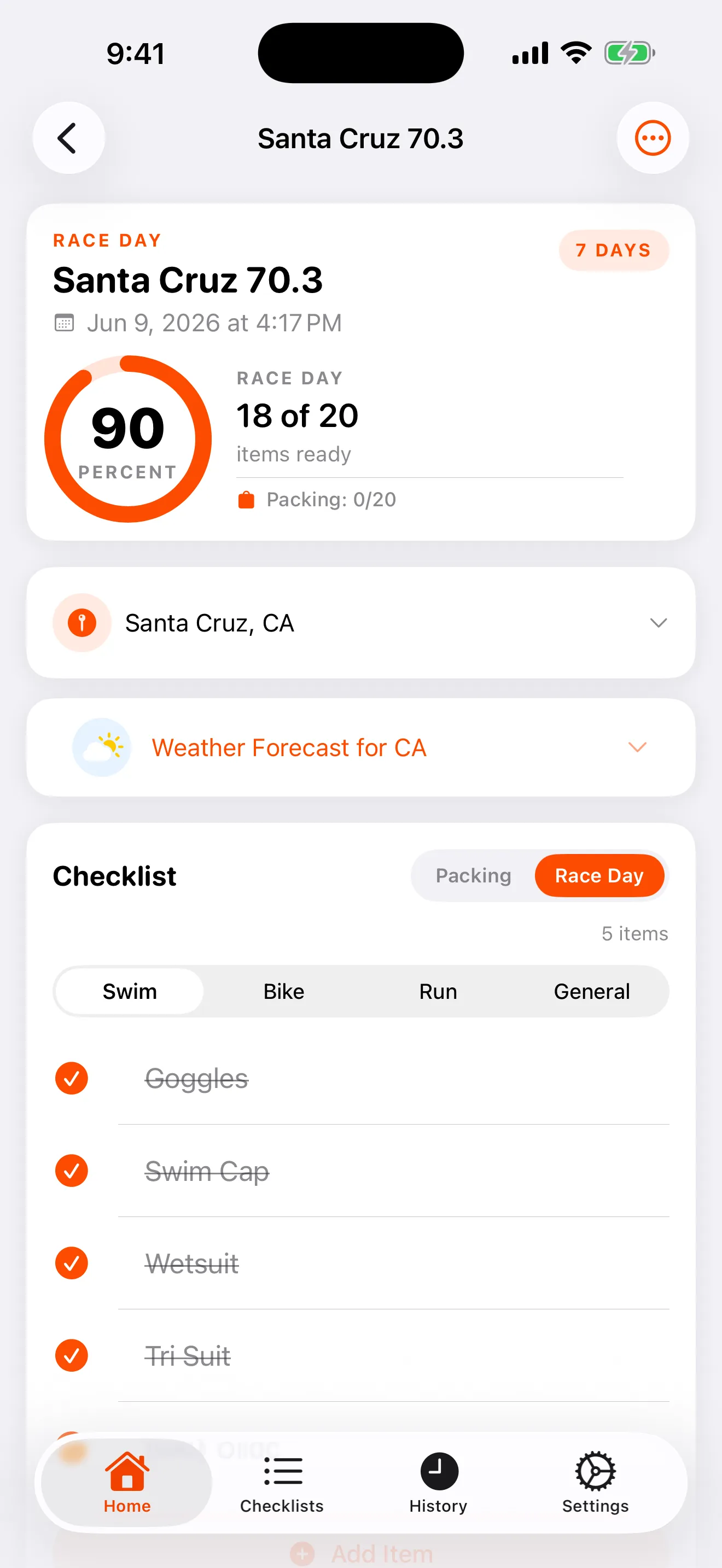 The Race Day checklist with swim items checked off, Swim, Bike, Run, and General category tabs, and a Packing and Race Day mode toggle.