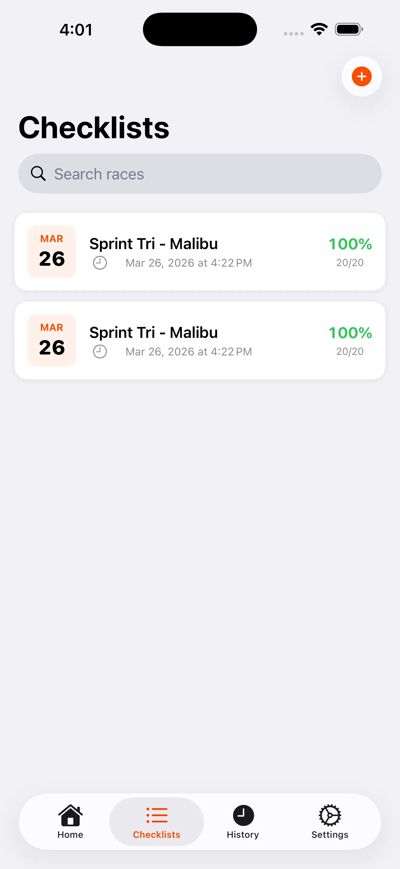 Race-day checklist organized by swim, bike, run, and general, with items checked off.