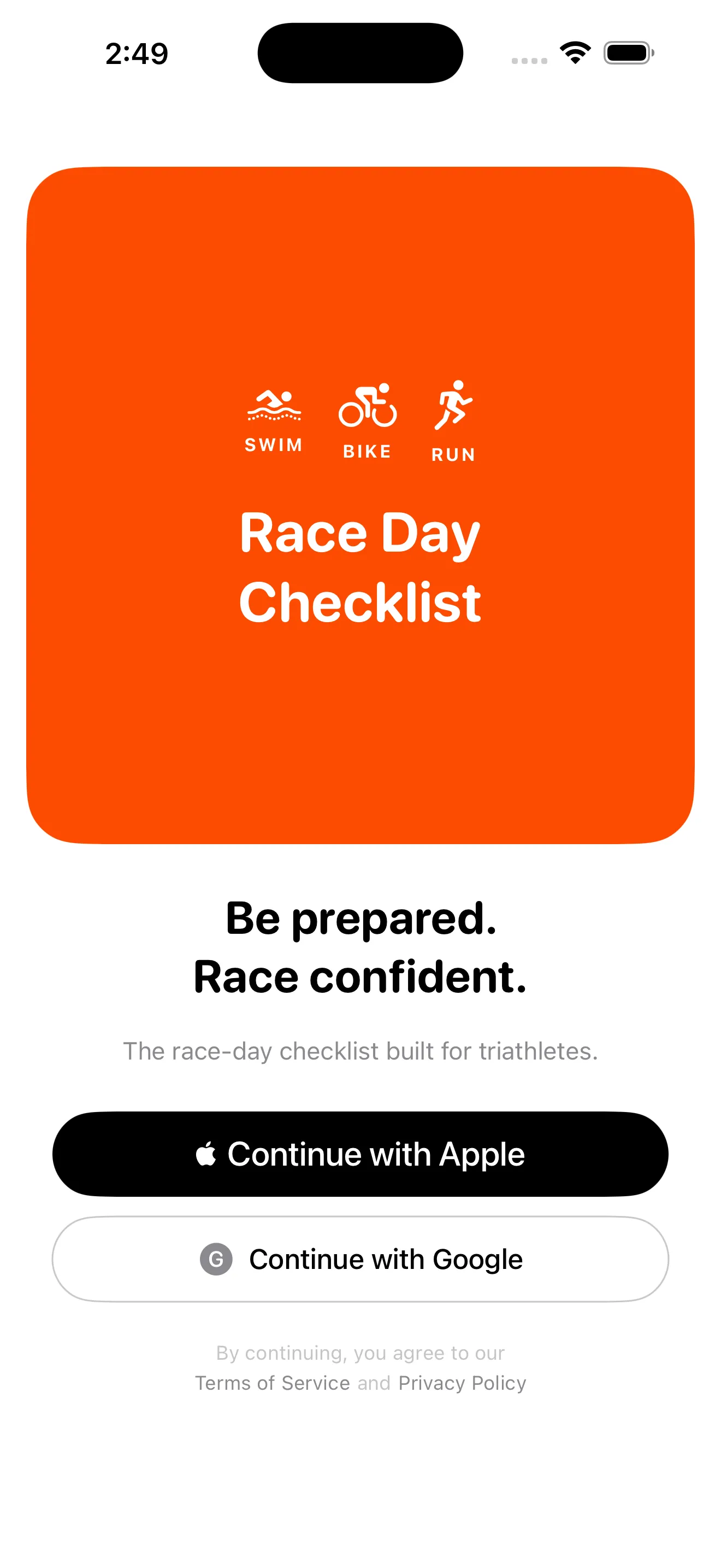Triathlon Race Day Checklist sign-in screen with Sign in with Apple and Google options.